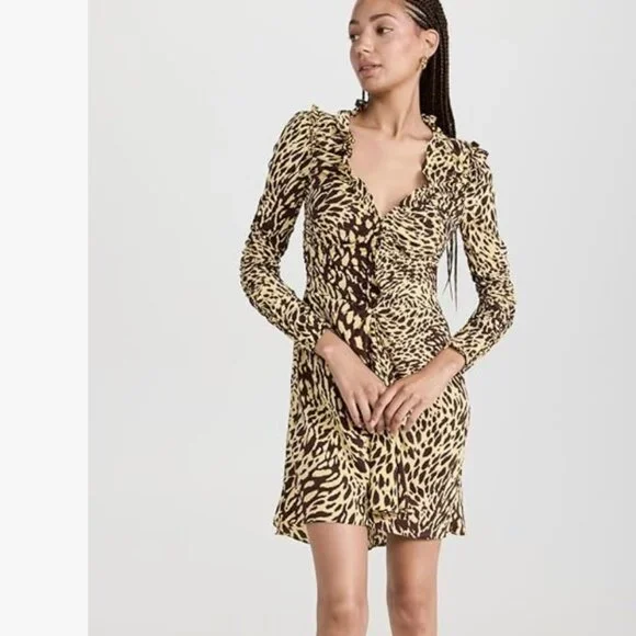 A.L.C. Marcie SILK Mini Dress NWT Golden Haze Chocolate Brown Leopard Brand New - Picture 8 of 14